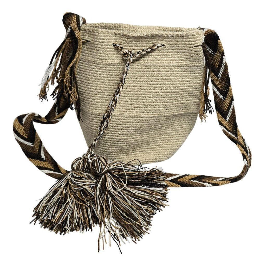 Handwoven Beige Crossbody Bag With Chevron Strap & Tassels lagenlook boho